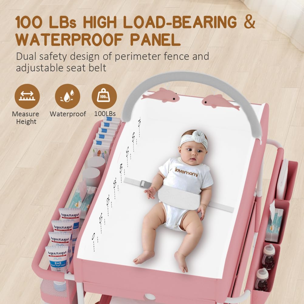 Diaper Changing Station, Portable Changing Table for Baby, Diaper Changing Table with Storage Drawers, Waterproof Baby Changing Station with Wheels and Adjustable Height for Newborn Infant (Pink)