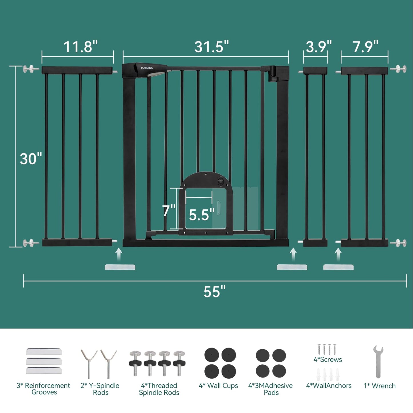 Babelio Upgraded Baby Gate with Cat Door, 29-43" Auto Close Durable Dog Gate for Stairs, Doorways and House, Easy Walk Thru Safety Gate with Pet Door Includes 4 Wall Cups, Black