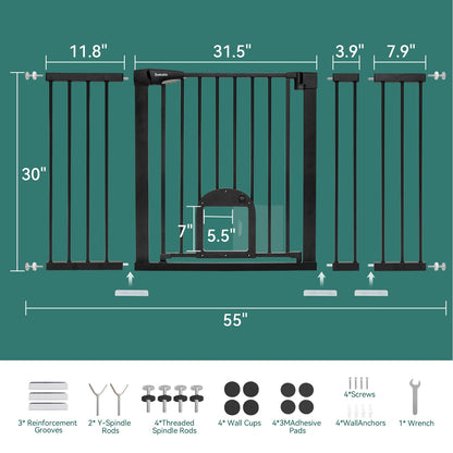 Babelio Upgraded Baby Gate with Cat Door, 29-43" Auto Close Durable Dog Gate for Stairs, Doorways and House, Easy Walk Thru Safety Gate with Pet Door Includes 4 Wall Cups, Black