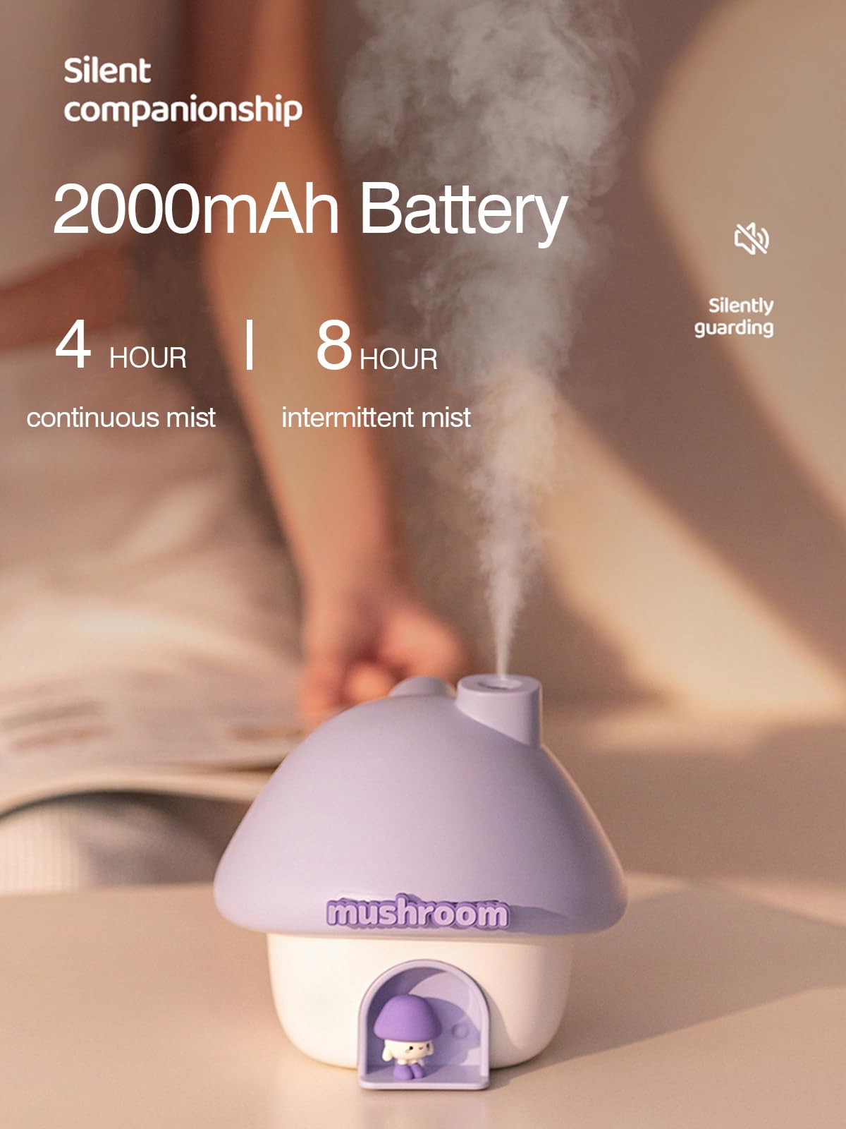 Cute Mushroom House Humidifier, 300ml Small Cool Mist Humidifers, USB Rechargeable Mini Portable Air Humidifer with Night Light for Bedroom, Office, Car, Travel, Indoor Plants (Purple)