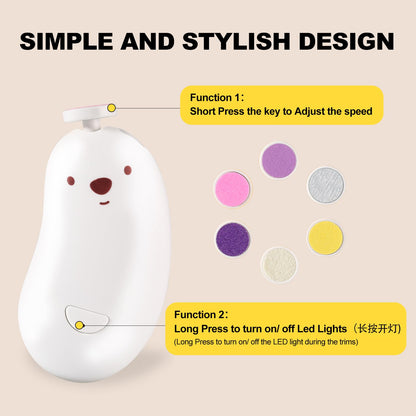 Baby Nail File Electric, Gentle Rechargeable Nail Trimmer, Baby Nail Clippers Grooming Kit Manicure Set for Infant Toddler or Adults, 6 Grinding Head Replacement Pads White