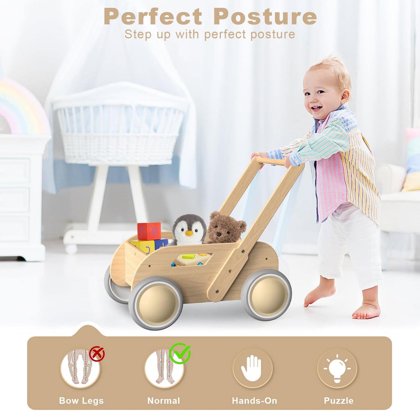 Wooden Baby Walker, Push and Pull Learning Walk Toys for Infants to Toddler, Walker with Wheels for Boys Girls, Gift for Birthday Christmas, Pink