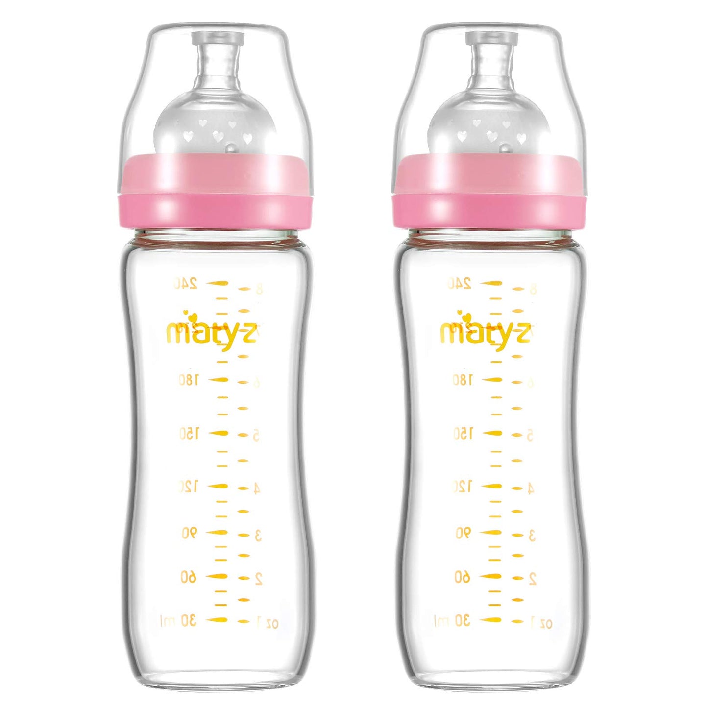 Matyz 8 Ounce Glass Baby Feeding Bottle With Nipple - Light and Slim, Easy to Hold and Clean - Food Grade Borosilicate Glass, Wide Neck for Breastmilk Feeding, No BPA (Pink Lids)