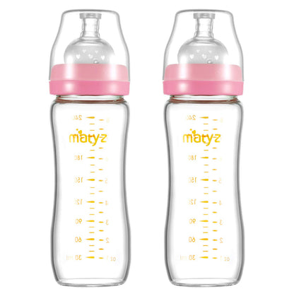 Matyz 8 Ounce Glass Baby Feeding Bottle With Nipple - Light and Slim, Easy to Hold and Clean - Food Grade Borosilicate Glass, Wide Neck for Breastmilk Feeding, No BPA (Pink Lids)