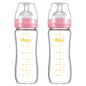 Matyz 8 Ounce Glass Baby Feeding Bottle With Nipple - Light and Slim, Easy to Hold and Clean - Food Grade Borosilicate Glass, Wide Neck for Breastmilk Feeding, No BPA (Pink Lids)