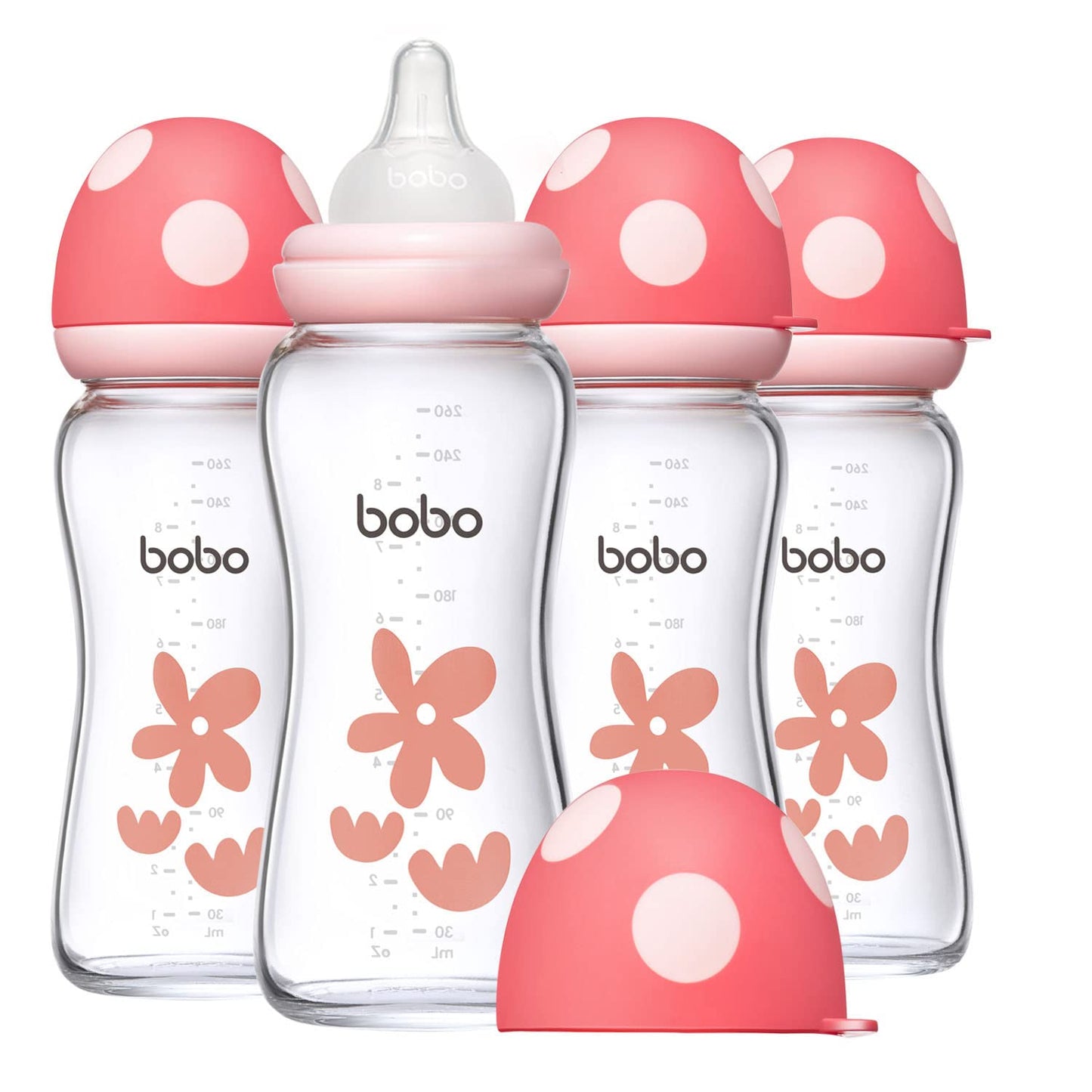 YOHKOH Natural Glass Baby Bottle with Natural Response Nipple, Newborn Anti-Colic Baby Bottles, Wide Neck Mushroom Cap Baby Bottle, Clear (8.8ounce (Pack of 4), Multicolour1)