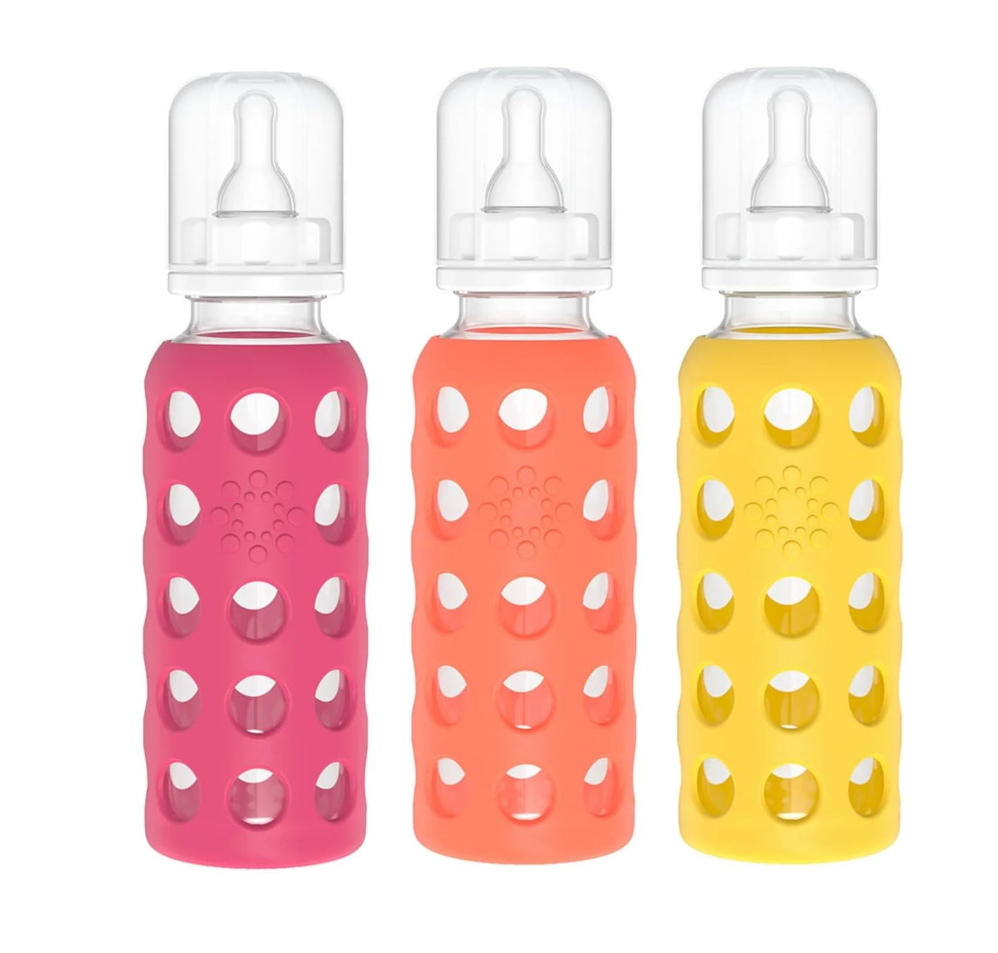Lifefactory Glass Baby Bottles with Silicone Protection - 3-Pack, 9 oz Bottles, (1- Raspberry, 1- Papaya & 1- Mango)