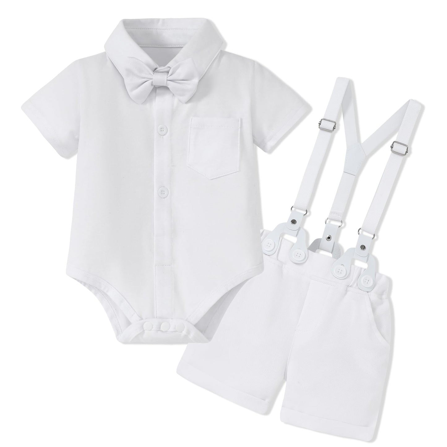 WESIDOM Baby Boy Clothes Suit 0-24 Months Gentleman Outfits, Short Sleeve Dress Romper+Bowtie+Detachable Suspender Shorts Set