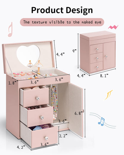 Vlando Musical Jewelry Box for Girls, Large Kid Music Box with Ballerina for Birthday Bedroom Decor, 4 Layer Girl Jewelry Gifts for Girls Kids - Light Pink