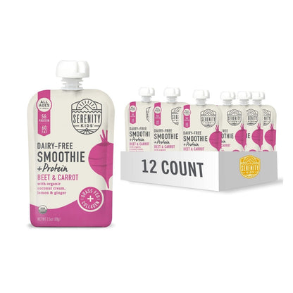 Serenity Kids 6+ Months Dairy-Free Smoothie Baby Food | USDA Organic | Grass Fed Collagen Protein | 3.5 Ounce BPA-Free Pouch | Berry Butternut | 12 Count