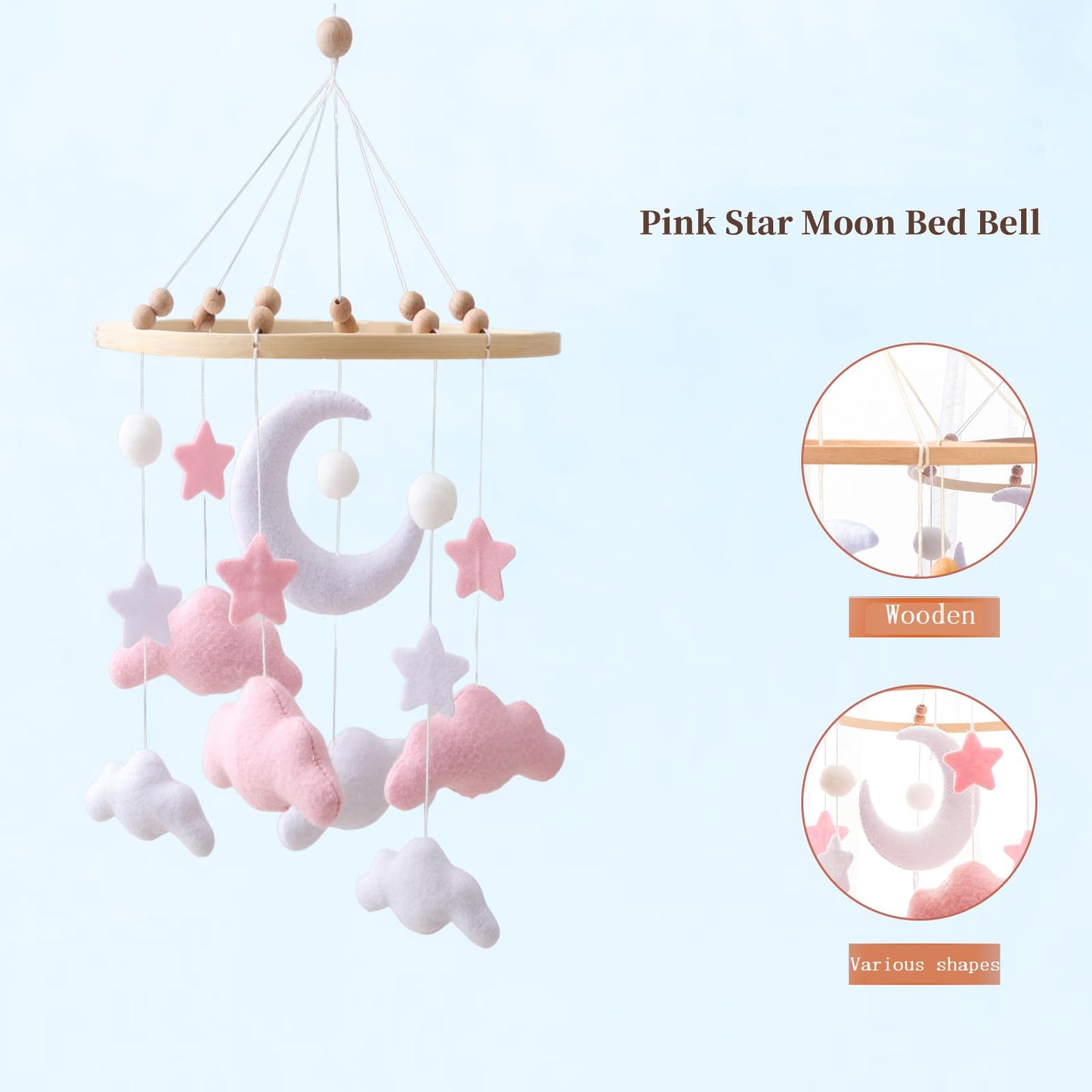 Gray Pink White Cloud Moon Themed Nursery Mobile,Crib Mobile for Baby Boys Girls,Handmade Baby Mobile,Adjustable Cotton Felt Soft Ceiling Mobile,Baby Shower Gifts for New Moms (Pink)