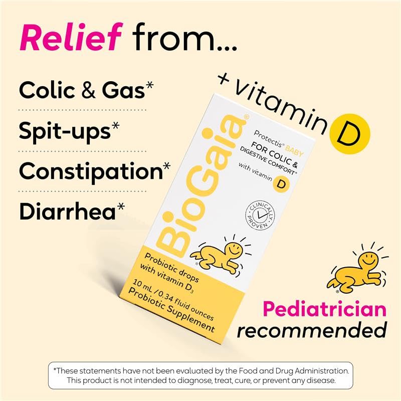 BioGaia Protectis Baby Probiotic Drops | Colic & Gas Relief + Vitamin D | Safe for Newborns | Ease Crying, Fussing, Colic, Gas, Spit-ups & Constipation | No Dairy, Soy & Gluten | 50 Day Supply | 10mL