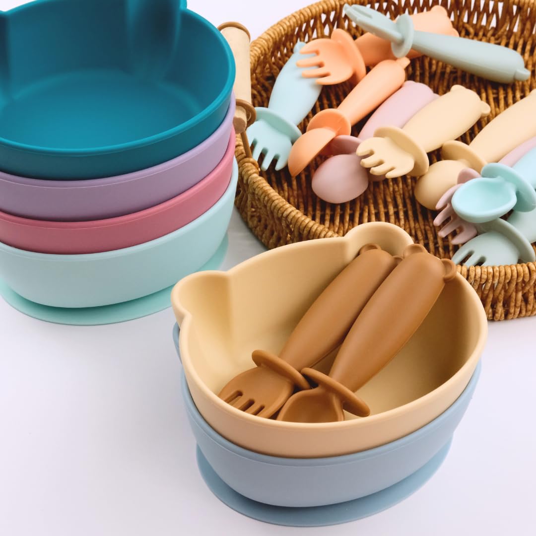 Bear Silicone Baby Bowl Suction Baby Spoon and Fork for Babies 6 months+ Suction Bowls for Baby Utensils 6-12M+ BLW Essentials (Peach Lilac)
