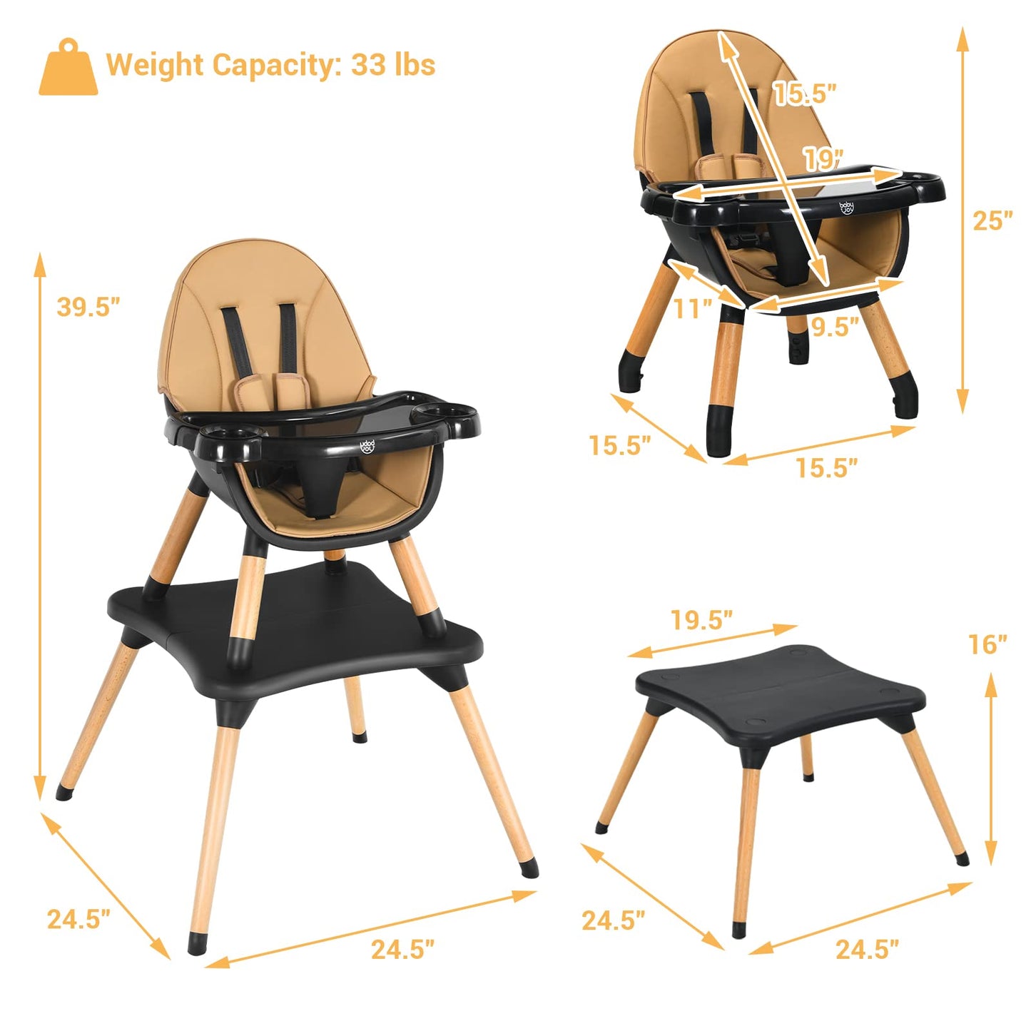BABY JOY 6 in 1 High Chair, Convertible High Chairs for Babies and Toddlers/Booster Seat/Table and Chair Set, Infant Wooden Highchair w/ 5-Point Harness, 4-Position Removable Tray & PU Cushion, Coffee
