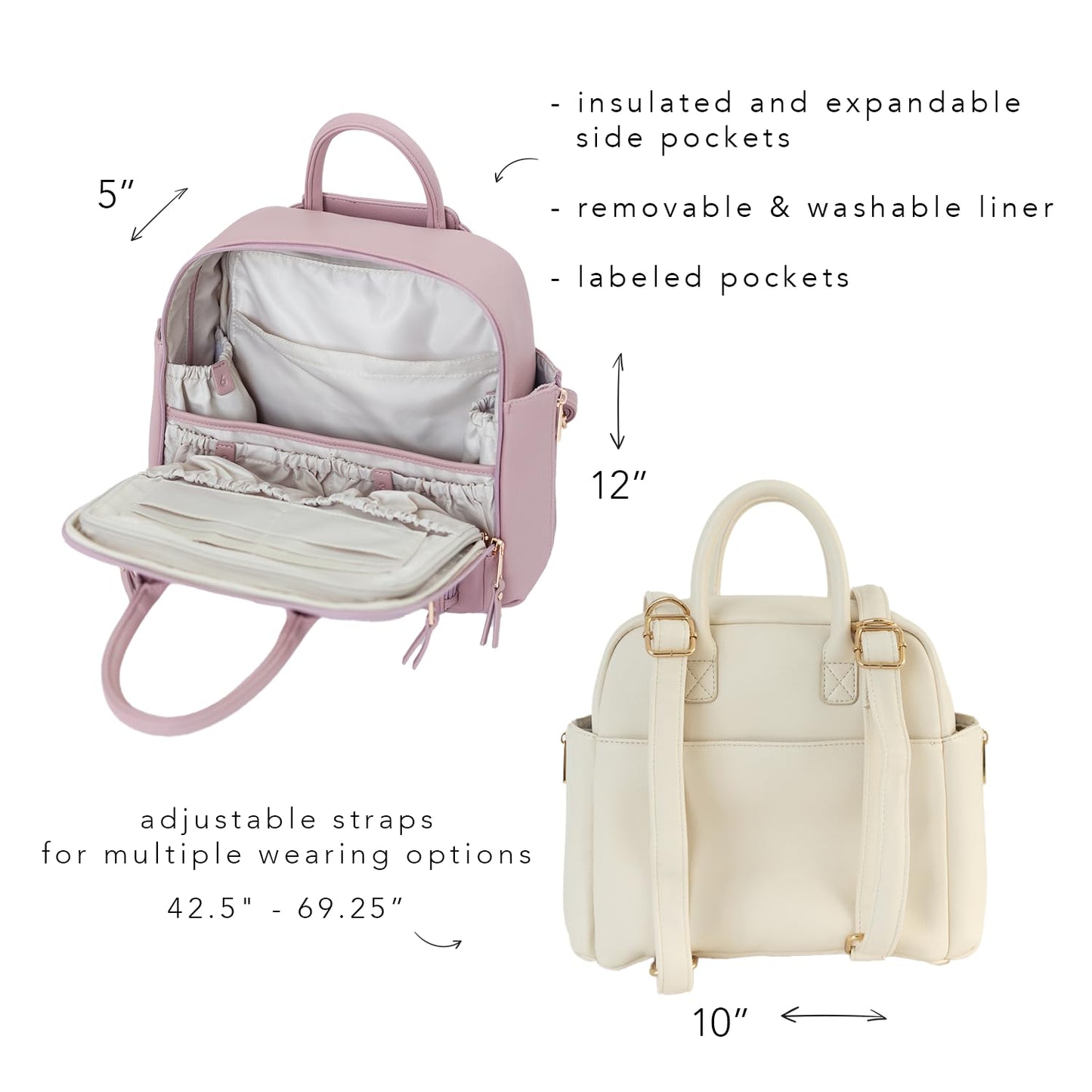 Ayla & Co Mini Bag, Transitional Minimal Diaper Bag, Vegan Leather, with Expandable Pockets, Built-In Wallet, Organizer