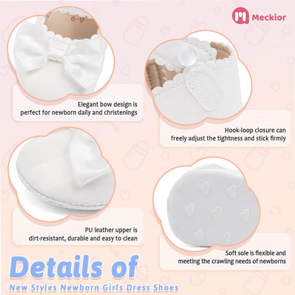 Meckior Newborn Baby Girls Dress Shoes Infant Bowknot Soft Sole Mary Jane Moccasins Baptism Christening Crib Shoes Wedding Princess Flats