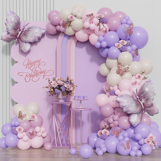 Purple Butterfly Balloon Arch Garland Kit 150 pcs White Sand Boho Pastel Balloon for Butterfly Theme Birthday Baby Shower Fiesta Party Decorations for Girls