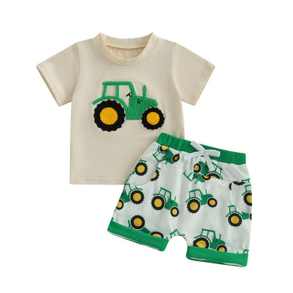 Toddler Baby Boy Summer Outfits Short Sleeve Embroidered T Shirt Tees + Striped/Plaid Shorts Infant Clothes Set