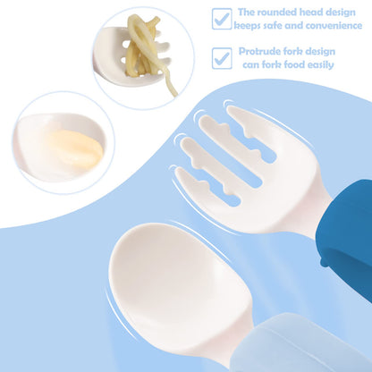 Baby Self Feeding Training Spoon and Fork Set with Travel Case, BPA-Free Cute Circle Toddler Training Utensils, Silicone/ABS Great Tableware Set Spoons Fork for Kids(Yellow)