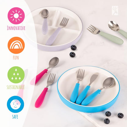 Elk and Friends Kids Silverware with Silicone Handle | Childrens Safe Flatware | Kids Utensils | Spoon + Fork + Knife set | 4 years+ | 6 Pieces