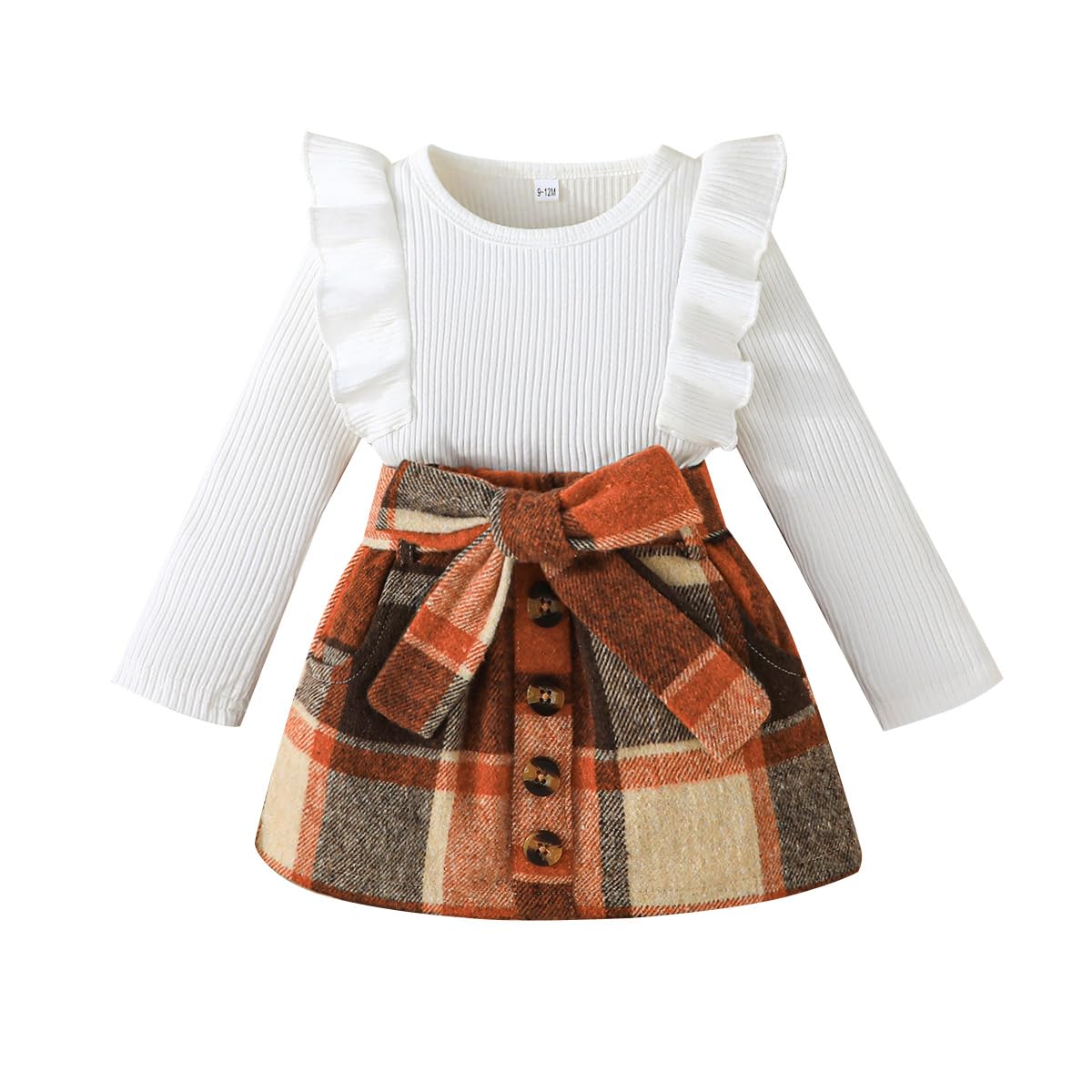 Noubeau Toddler Baby Girls Plaid Outfits Knit Ribbed Sweatshirt Shirt Tops Red Plaid Belt Skirt Fall Winter Clothes