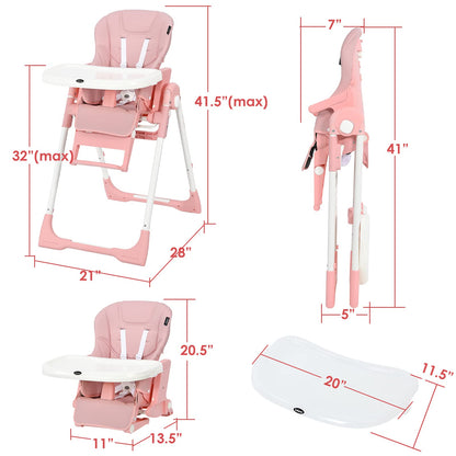 INFANS High Chair for Babies & Toddlers, Foldable Highchair with Multiple Adjustable Backrest, Footrest and Seat Height, Removable Tray, Detachable PU Leather Cushion, Built-in Rear Wheels (Black)