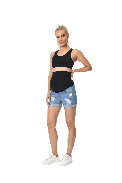V VOCNI Maternity Denim Shorts Women's Summer High Waist Distressed Cuffed Hem Casual Denim Jeans Short
