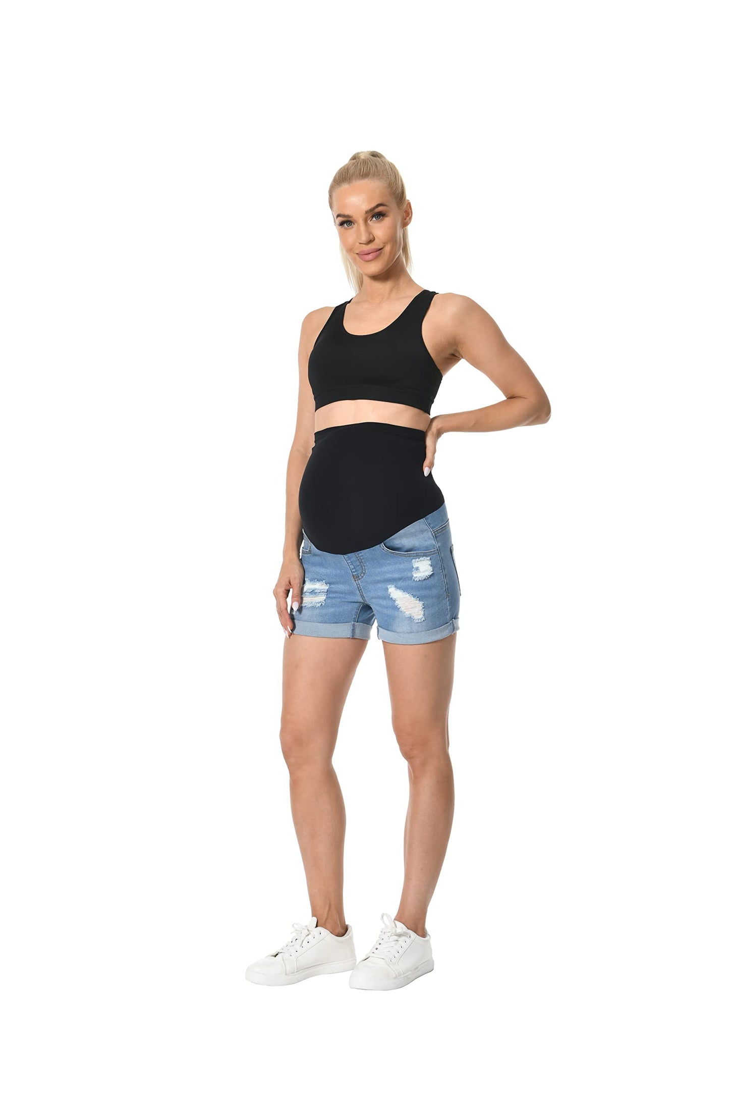 V VOCNI Maternity Denim Shorts Women's Summer High Waist Distressed Cuffed Hem Casual Denim Jeans Short