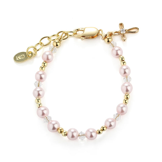 Cherished Moments Children's 14K Gold-plated Bracelet with Pink High-End Simulated Pearls and Cross or Heart Charm for Baptism, Christening or First Communion Gift for Girls