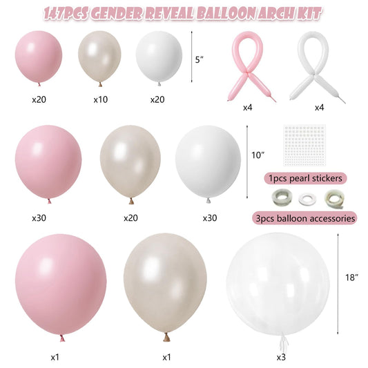 Pink Bow Balloons Arch Kit 147Pcs Coquette Birthday Decorations Pink and White balloon with Double-Stuffed Peal White Sand Long BOBO Balloon for Girls Baby Shower Coquette Birthday Party Decorations