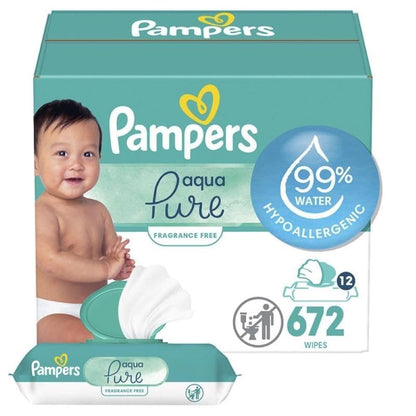 Pampers Baby Wipes Aqua Pure, 99% water-based wipes, Hypoallergenic and Unscented Infant Wipe, 896 Total (16 Flip-Top Packs)