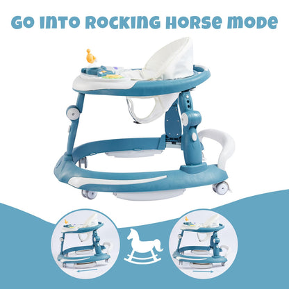 3 in 1 Baby Walker, Baby Walkers for Boys and Girls with Removable Footrest, Feeding Tray, Rocking Function & Music Tray(Without Battery), Foldable Activity Walker for Baby 6-18 Months (Blue)