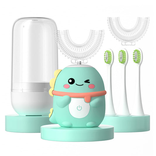 Kids Electric Toothbrush U Shaped Toddler Auto Sonic Toothbrushes with 5 Brush Head,Cartoon Dinosaur Ultrasonic Toothbrushes for Children 2-12 Years,360° Full Mouth Cleaning Automatic