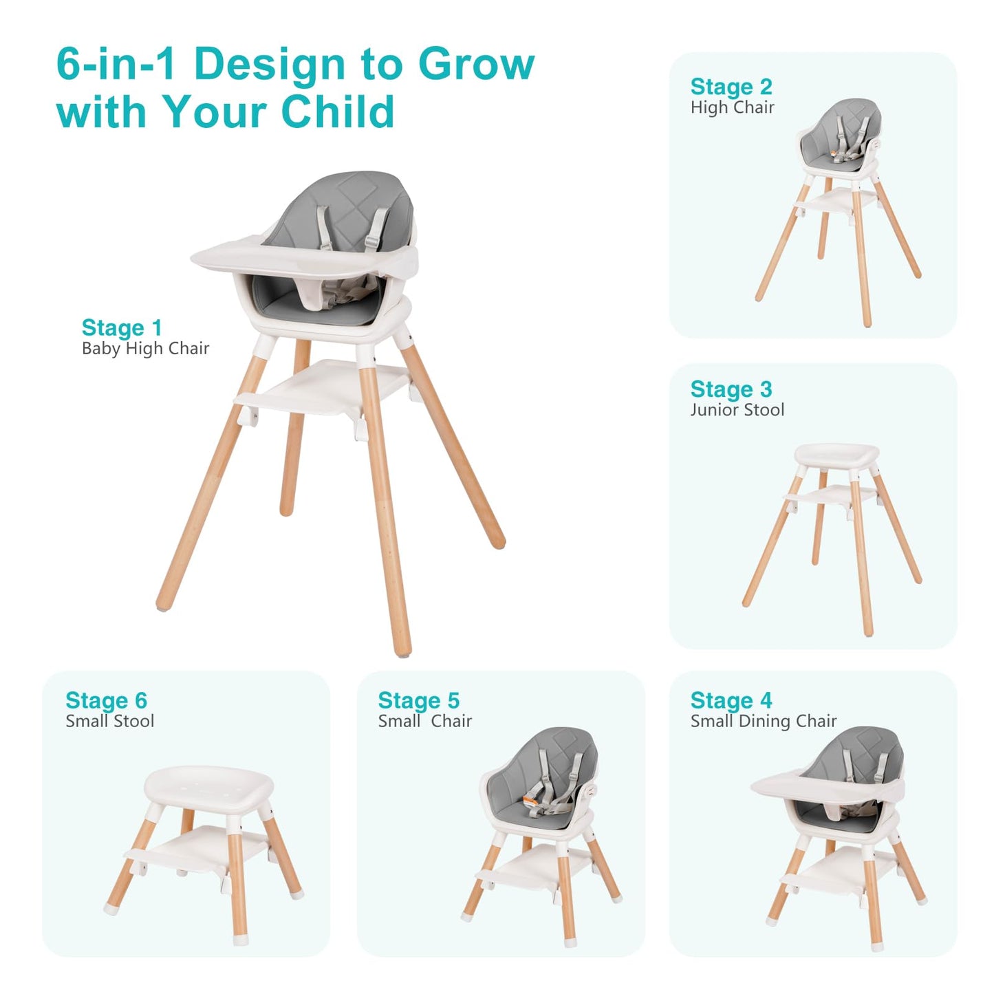Baby High Chair, 6 in 1 Wooden Convertible High Chairs for Babies and Toddlers, Booster Seat with Double Tray & Reversible Footrest, 5-Point Harness Infants Feeding Seat, Black