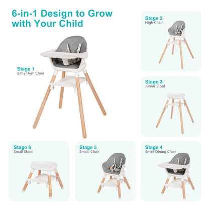 Baby High Chair, 6 in 1 Wooden Convertible High Chairs for Babies and Toddlers, Booster Seat with Double Tray & Reversible Footrest, 5-Point Harness Infants Feeding Seat, Black