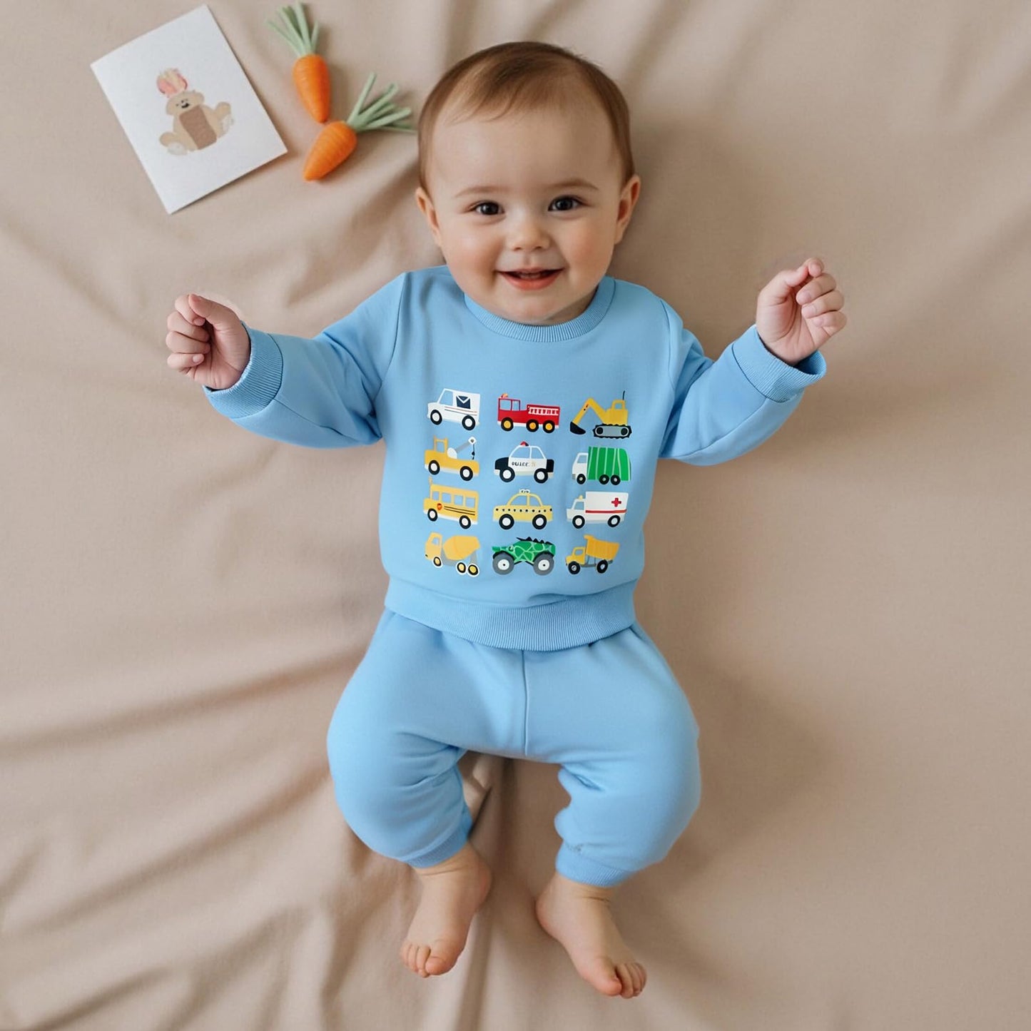 Fernvia Baby Boy Fall Winter Clothes Toddler Kids Solid Outfits Vehicle Long Sleeve Sweatshirt Tops + Joggers Pants Set