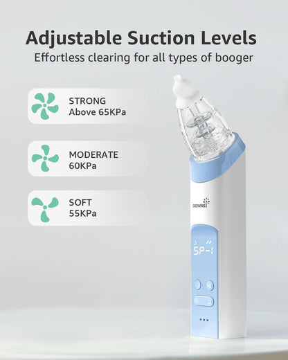 GROWNSY Nasal Aspirator for Baby, Electric Nose Aspirator for Toddler, Baby Nose Sucker, Automatic Nose Cleaner with 3 Silicone Tips, Adjustable Suction Level, Music and Light Soothing Function