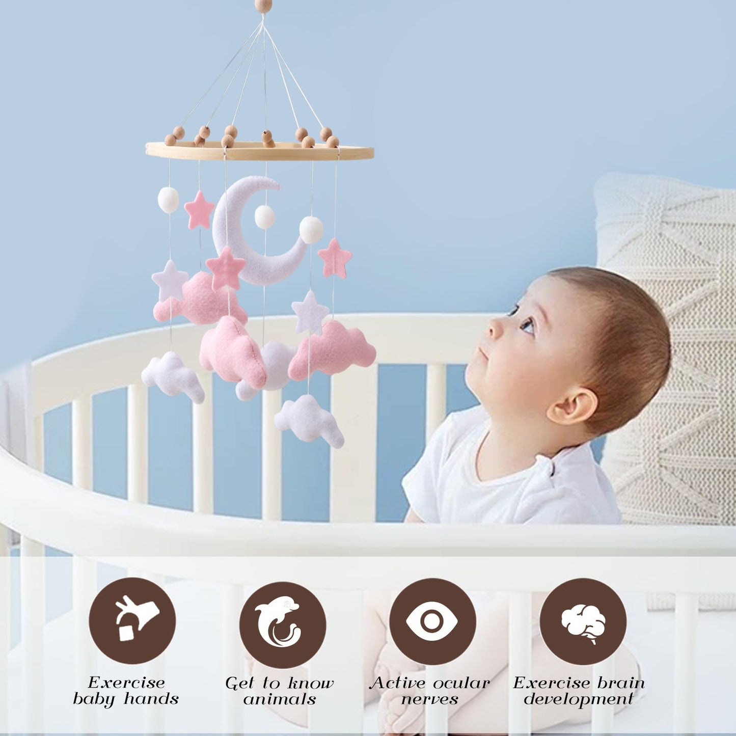 Gray Pink White Cloud Moon Themed Nursery Mobile,Crib Mobile for Baby Boys Girls,Handmade Baby Mobile,Adjustable Cotton Felt Soft Ceiling Mobile,Baby Shower Gifts for New Moms (Pink)