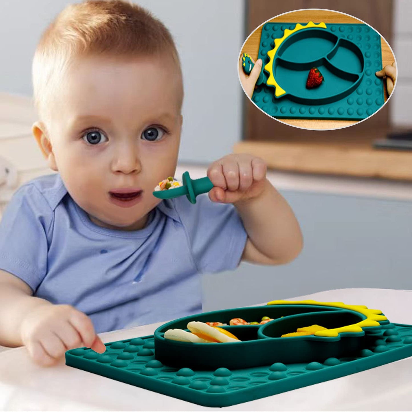 Silicone Suction Plates for Baby Toddler with Spoon Fork set Divided Dinosaurs Plates Self Feeding Training Baby Dinner Plate-Green Dinosaurs Plate Set