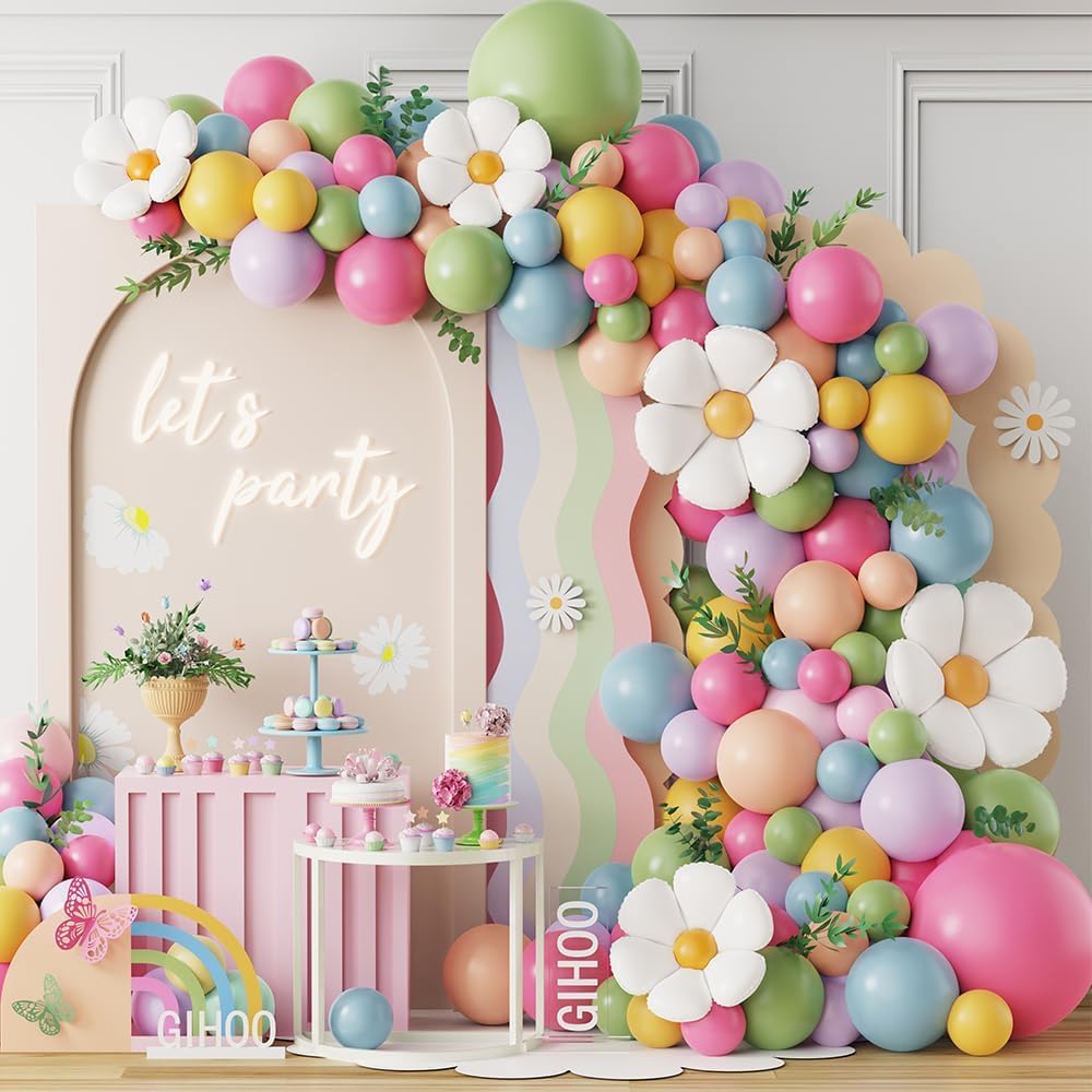 Daisy Pastel Balloon Garland Kit 157pcs Pastel Macaron Balloon Arch Kit with Flower Mylar Balloon for Boho Mothers Day Spring Daisy Floral Theme Two Groovy Party Decoration