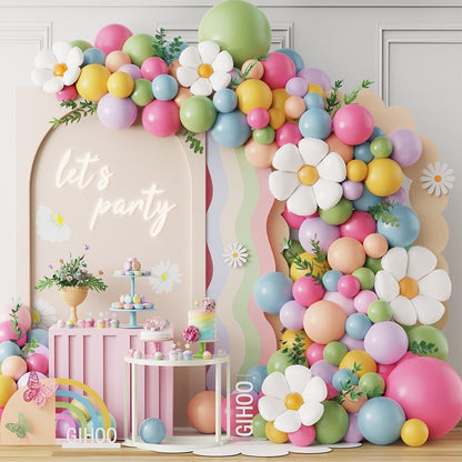Daisy Pastel Balloon Garland Kit 157pcs Pastel Macaron Balloon Arch Kit with Flower Mylar Balloon for Boho Mothers Day Spring Daisy Floral Theme Two Groovy Party Decoration