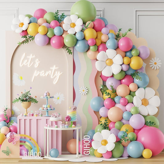 Daisy Pastel Balloon Garland Kit 157pcs Pastel Macaron Balloon Arch Kit with Flower Mylar Balloon for Boho Mothers Day Spring Daisy Floral Theme Two Groovy Party Decoration