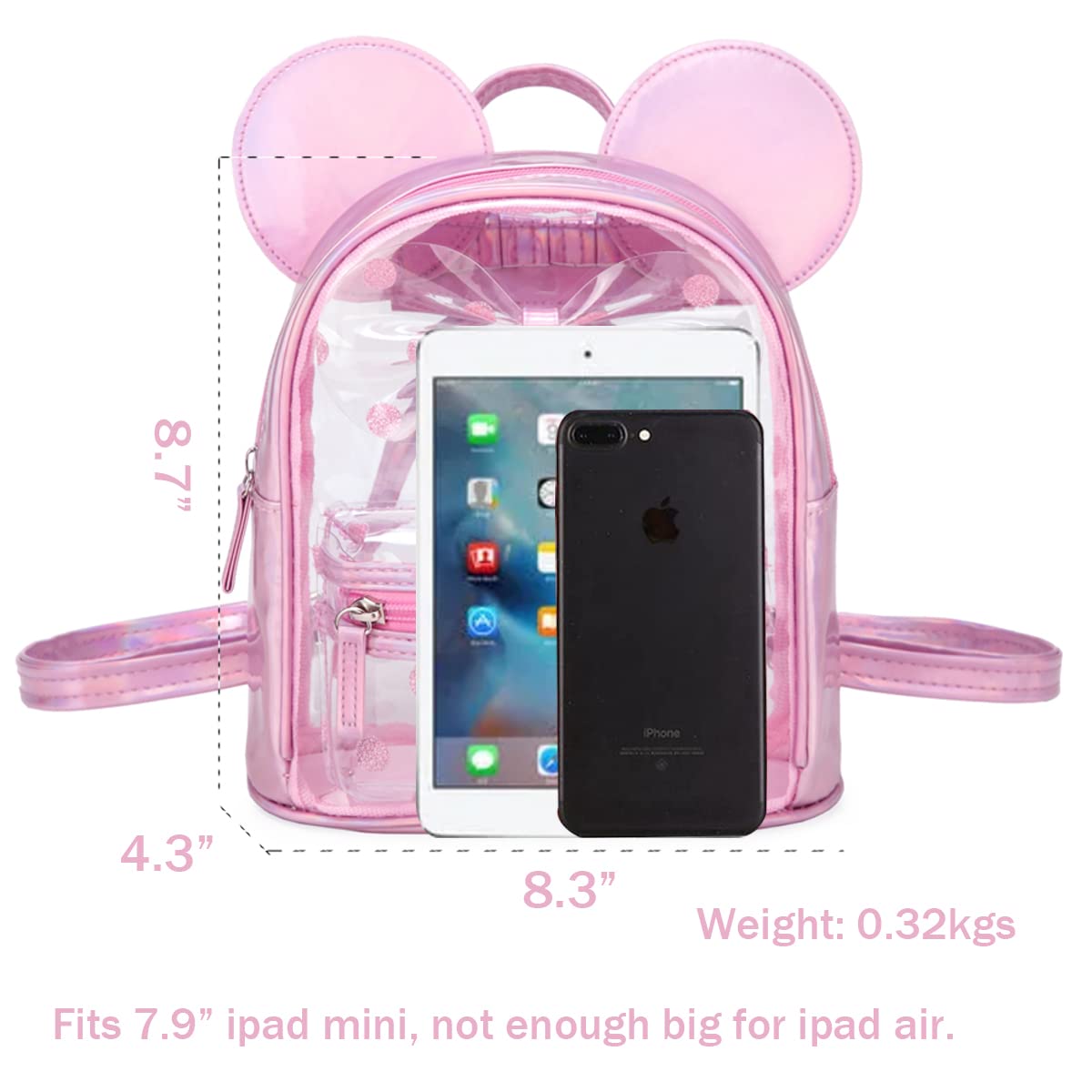 Cutest Toddler Polkadot Bow Mouse Ears Bag Mini Clear Fashion Shoulder Backpack for Teen Toddler Little Girls (clear)