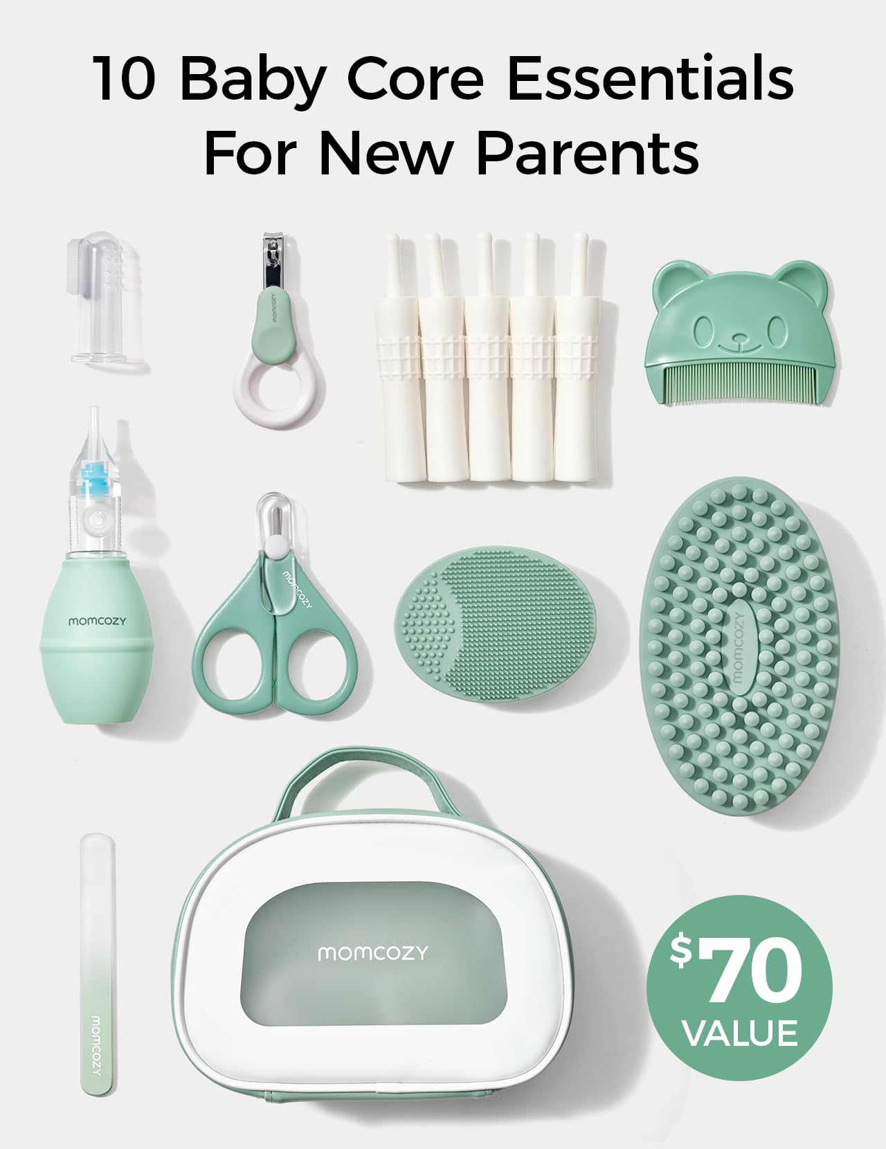 Momcozy Elite Baby Kit, Superior Baby Shower&Registry Essential Kit for Grooming & Health & Cleansing Care, Electric Nail File&Nasal Aspirator, Tummy Wrap, Thermometer, Bath Brush,Teether, Storage Bag