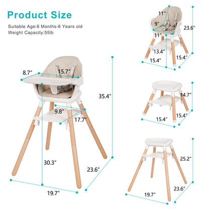 Baby High Chair, 6 in 1 Wooden Convertible High Chairs for Babies and Toddlers, Booster Seat with Double Tray & Reversible Footrest, 5-Point Harness Infants Feeding Seat, Black