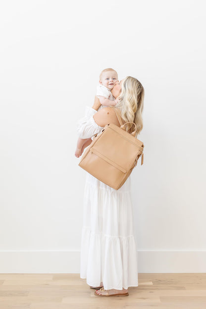 Leather Diaper Bag Backpack with USB Charging port, Changing Pad, Stroller Straps, and Bottle Holder (Brown Olivia)