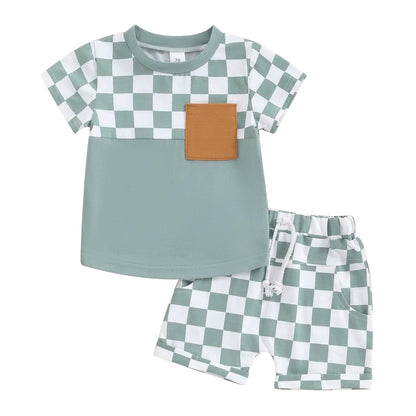 Toddler Baby Boy Summer Clothes Set Short Sleeve Checkered Tops & Shorts Novelty Color Block Outfits