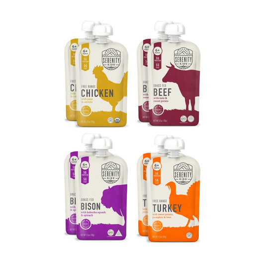 Serenity Kids 6+ Months Baby Food Pouches - Puree with Ethically Sourced Meat & Organic Veggies - 3.5 Ounce BPA-Free Pouch - Variety Pack, 8 Count - Baby Food Meat