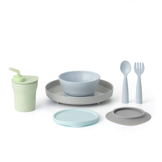 Miniware Little Foodie Set with Cereal Bowl, Sandwich Plate, My First Cutlery Set, 1-2-3 Sip Cup, and Detachable Suction Foot for Baby Toddler Kids (Little Camper)