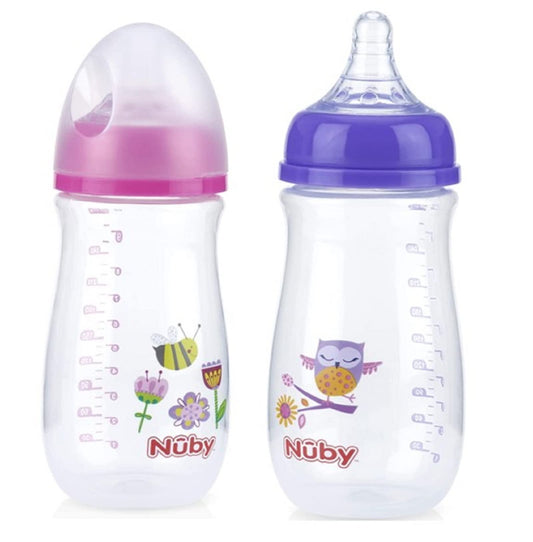 Nuby Wide Neck Bottle with Anti-Colic Air System, Colors/Prints May Vary, 1 Pack of 1 Bottle